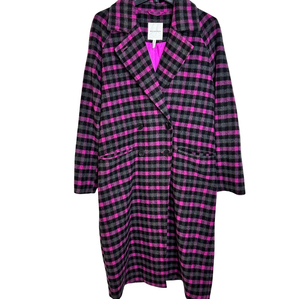AVEC LES FILLES Pink Grey Plaid Walker Double Breasted Wool Long Coat Small EUC